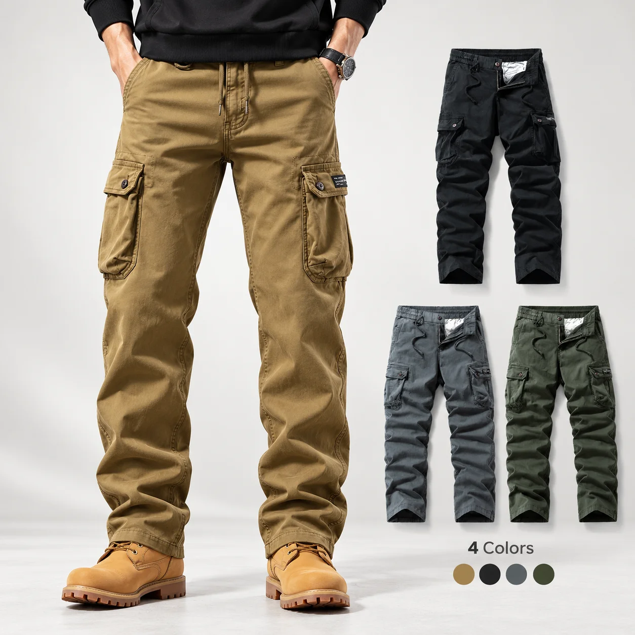 Men's Cargo Pants 97% Cotton Stretch Loose Fit Straight Leg Multi Pocket Elastic Waist Casual Outdoor Workwear Fall Winter