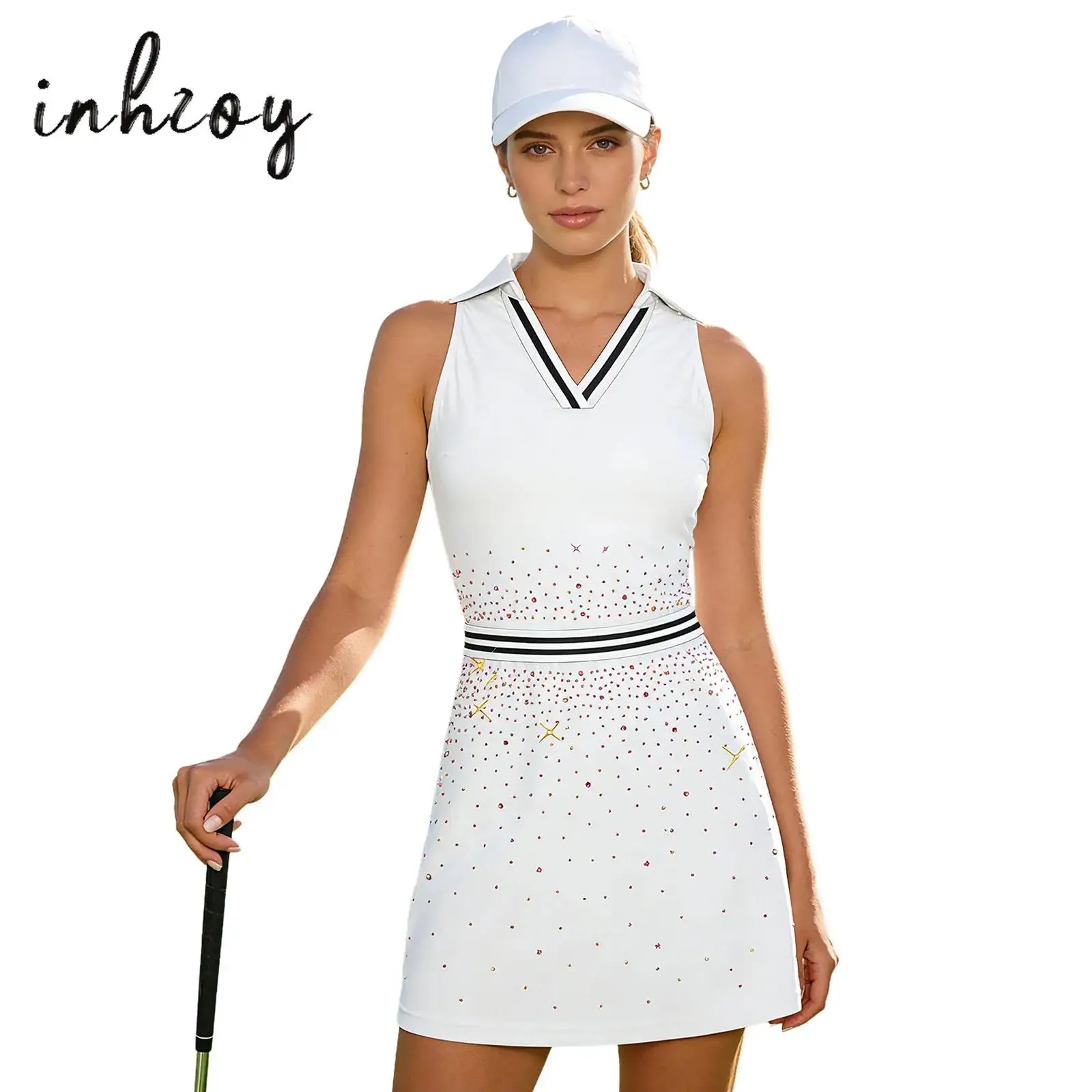 

Women Tennis Golf Dress Shiny Rhinestones Striped Elastic Waist Turn-Down Collar V-Neck Sleeveless Sports Workout Athletic Dress