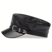 Fashion Women Large Belt Buckle Leather Hat Spring Autumn Sailor Hats Black Ladies Beret Caps Men Flat Top Captain Military Caps 2