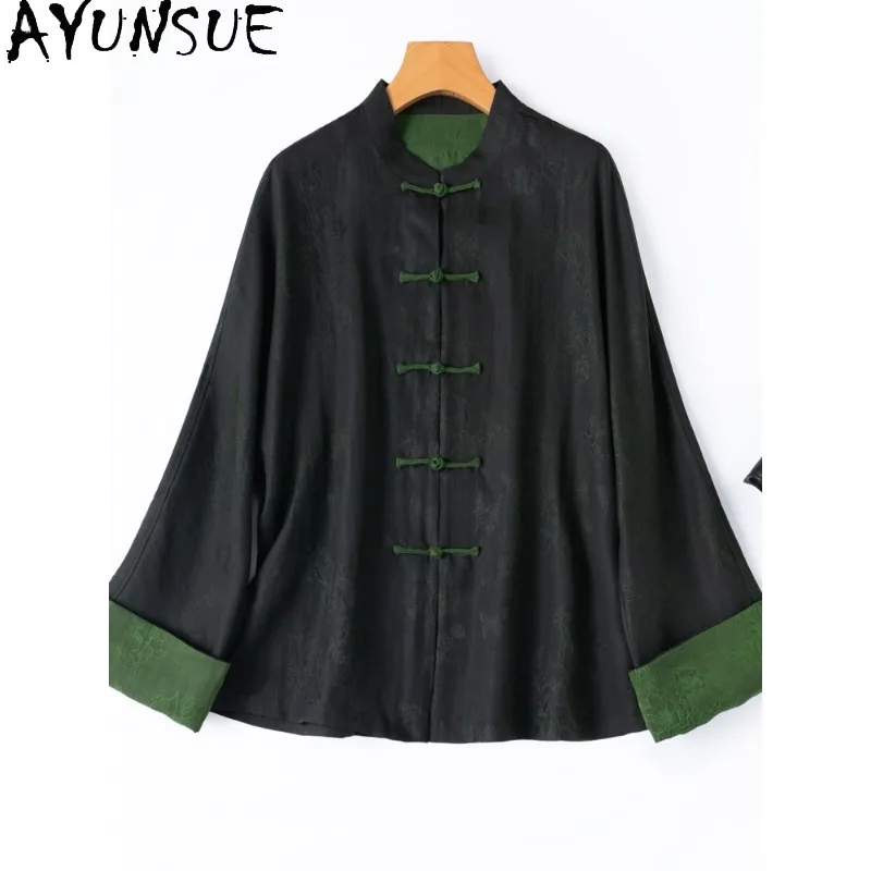 

AYUNSUE Xiangyunsha Silk Women's Blouses Chinese Style Long Sleeve Tops for Woman Stand-up Collar Shirts Woman Clothes Рубашка