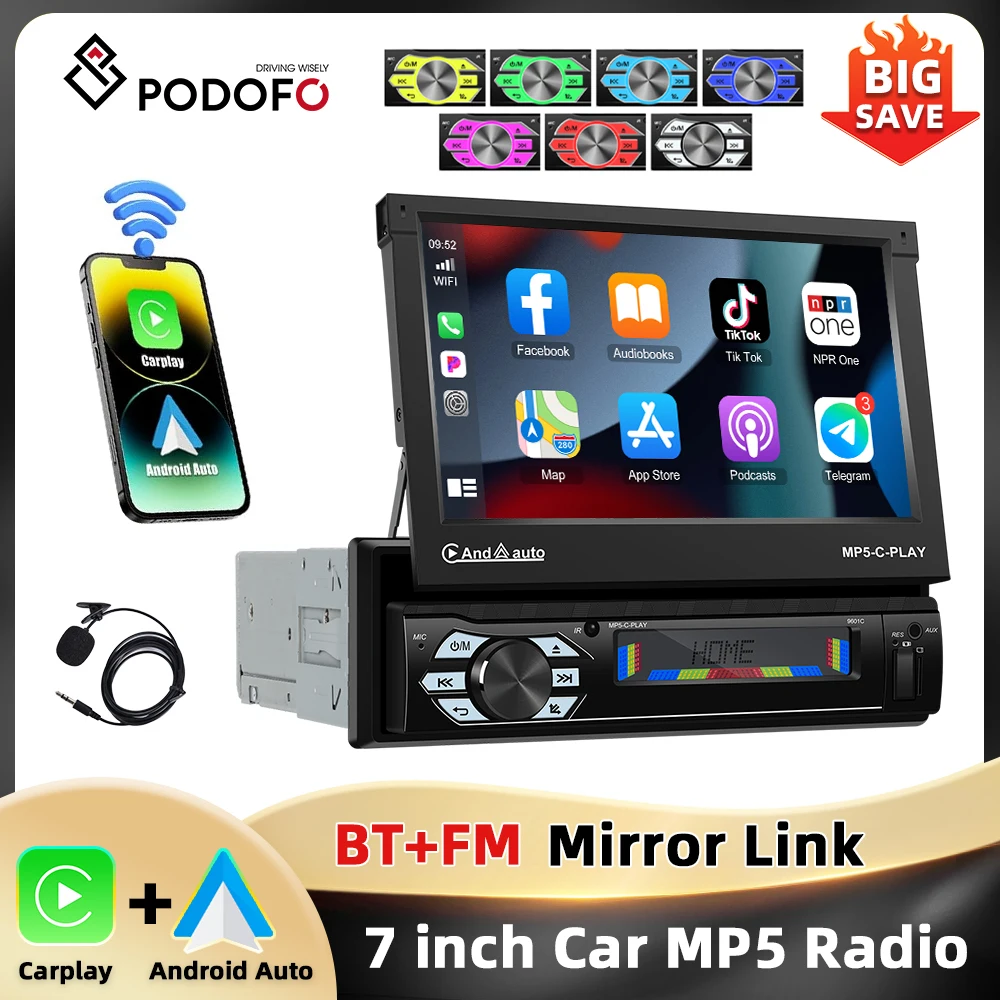 Podofo 7inch 1Din MP5 Player Automatic Retractable Screen Multimedia Player Carplay Android Car Bluetooth TF/USB FM Car Stereo