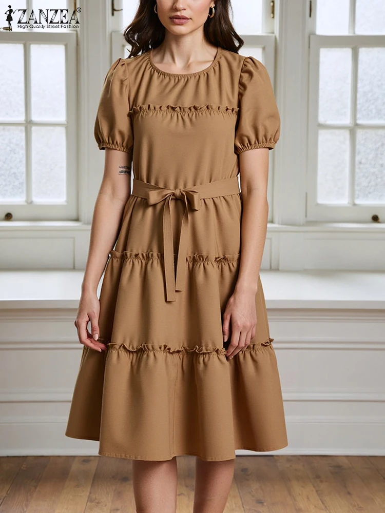 ZANZEA Stylish Ruffled Party Dresses Women 2025 Summer Dress O Neck Short Sleeve Sundress Belted Robe Elegant A Line Vestidos