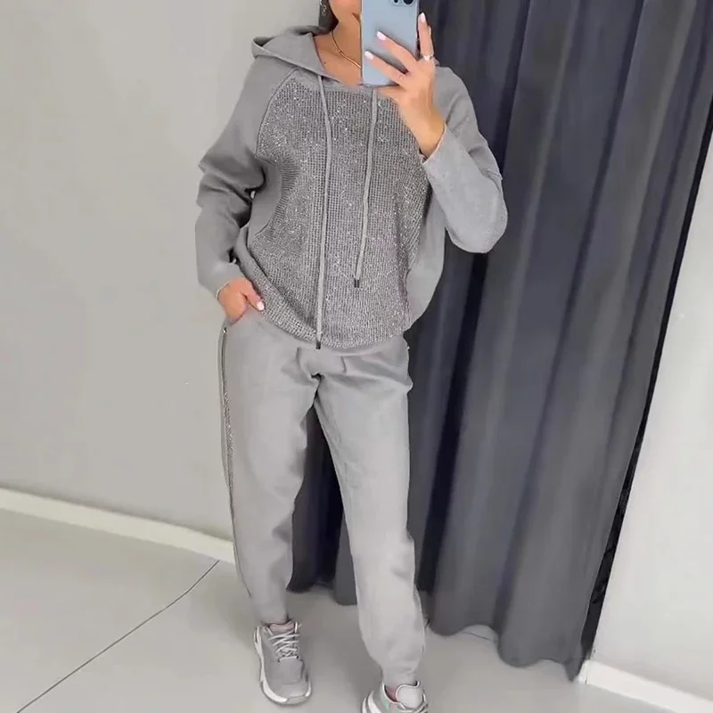 Vestidos Women\'s Fashion Diamonds Hooded Sweatshirt Sports Suit Autumn Winter O Neck Solid Color Loose Basic 2-piece set 2025