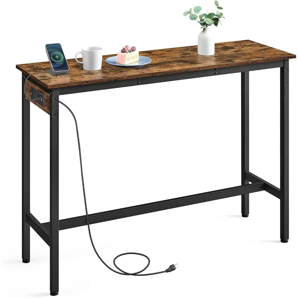 

Bar Table, Narrow Long Kitchen Dining Table with Charging Station, Sturdy Metal Frame, Industrial, 15.7 x 47.2 x 35.4 Inches, R