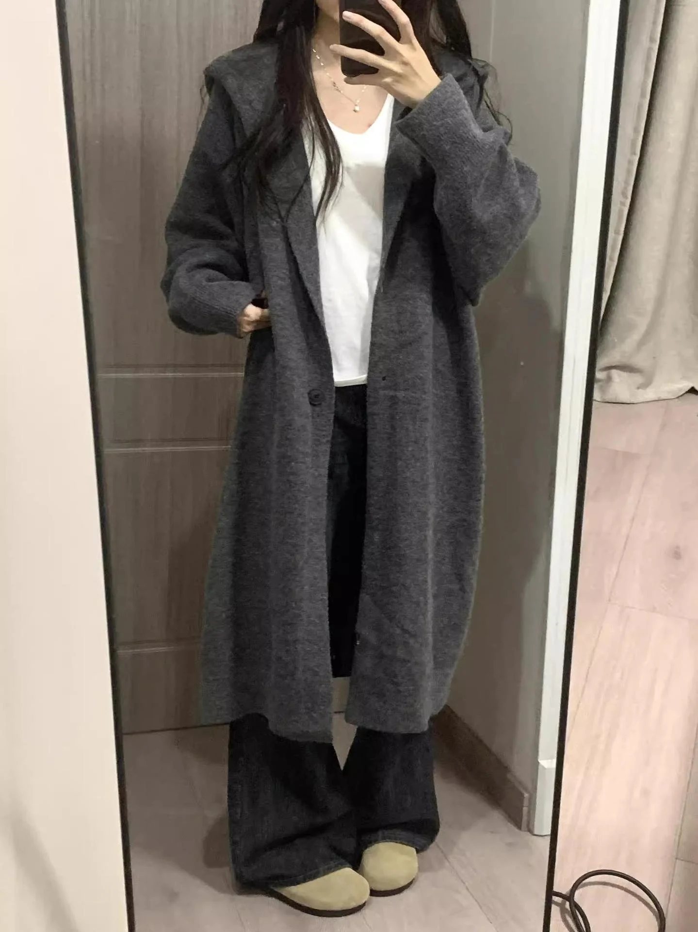 

Mid-Long Cardigans Harajuku Womens Winter Striped Chunky Loose-Fit Brushed Hooded Graceful Turtleneck Layered Buttons Knitthing