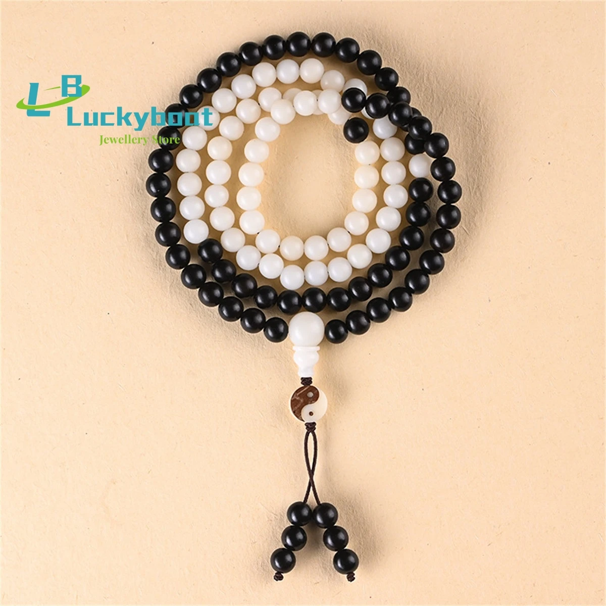 Natural White Bodhi Black Sandalwood Taoist Buddha Beads 108 Yin Yang Tai Chi Eight Trigrams Multi Loop Bracelet Simple Personal