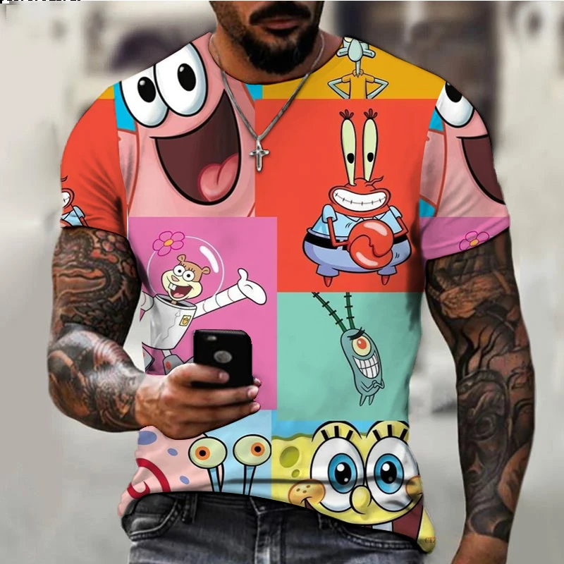 Summer New Cute SpongeBob Cartoon Print Youth Harajuku Casual T-Shirt 2024 Street Trend Versatile Men's Round Neck T-Shirt