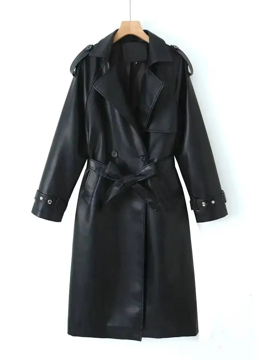 2025 جديد أزياء المرأة البريطانية أنيقة اضافية طويلة جلد صناعي أسود معطف واقٍ من المطر حزام الإناث خمر الفاخرة مصمم السترات