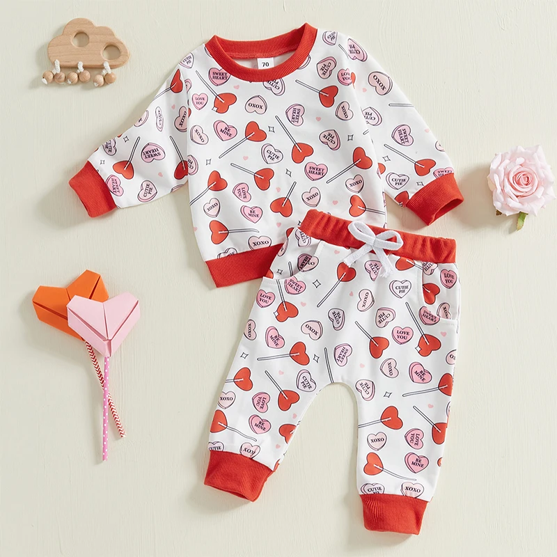 Baby Girl 2Pcs Valentine’s Day Outfits Long Sleeve Heart Lollipop Print Sweatshirt and Pants Set Spring Clothes