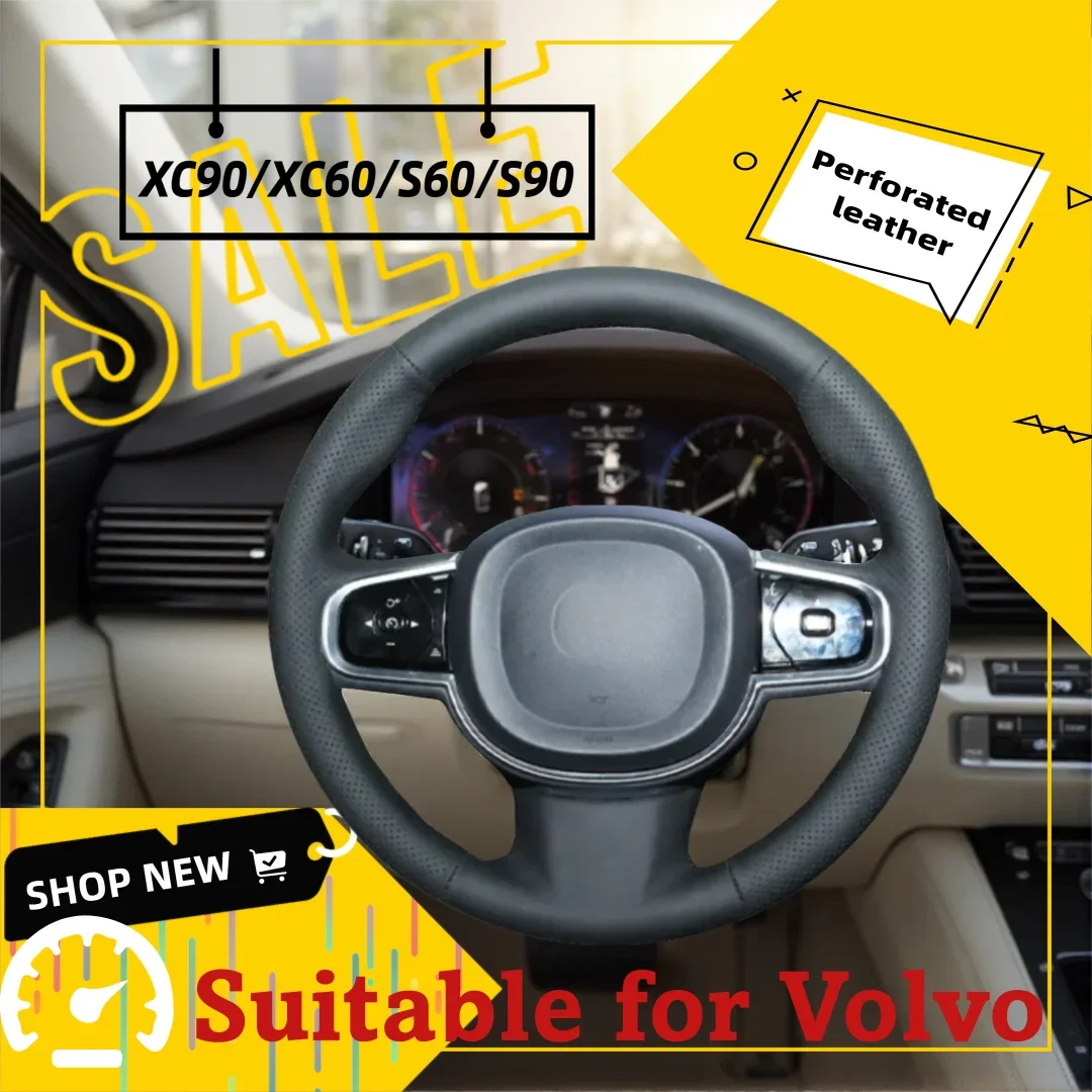 Hand-Sewn Full Wrap Perforated Genuine Leather Steering Wheel Cover Specially Fit for 2015-2024 Volvo XC90 XC60 S60 S90