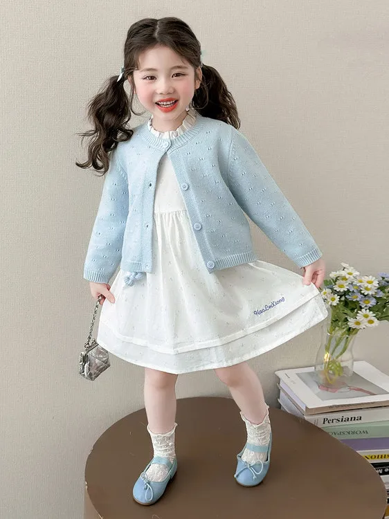 

Spring Fashionable Girls Two-Piece Set Cotton Sweater Skirt Loose Casual Style Ensemble High Waist Pure Color Children's Wear