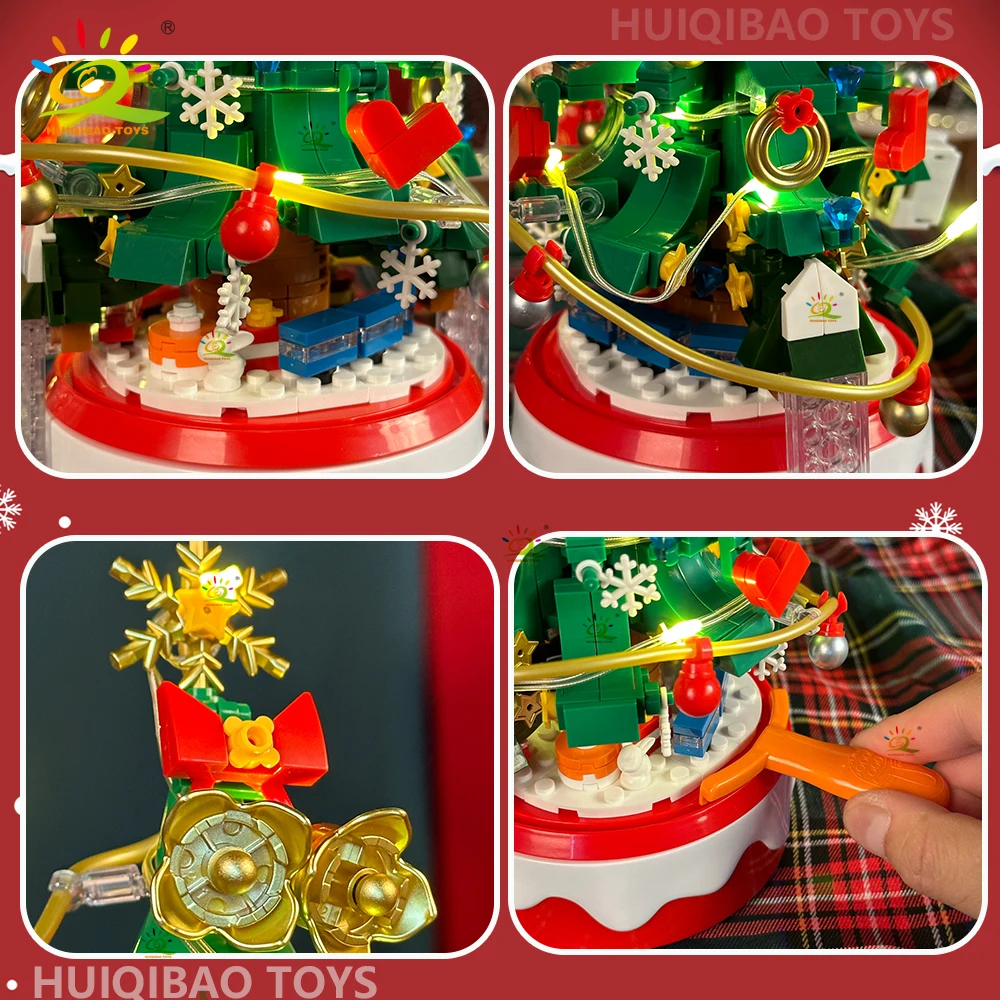 HUIQIBAO Mini Christmas Tree Santa Claus Music Box Model Micro Bricks Building Block DIY Bricks Toys for Adult New Year Gift