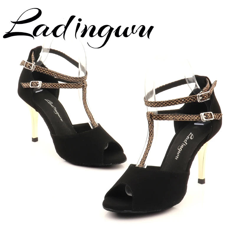 Ladingwu Hot Selling Flannel Black For Women Salsa Dance Shoes Soft Bottom Latin Tango Samba Dance Shoes High Heels 7.5cm 8.5cm