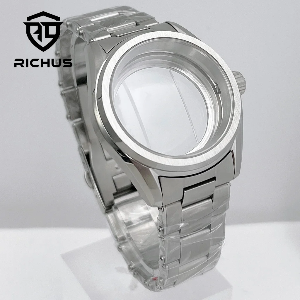 RICHUS 38mm silver Stainless steel 100 m waterproof watch case Sapphire Glass fit NH34 NH35 NH36 ETA 2824 PT5000 movement