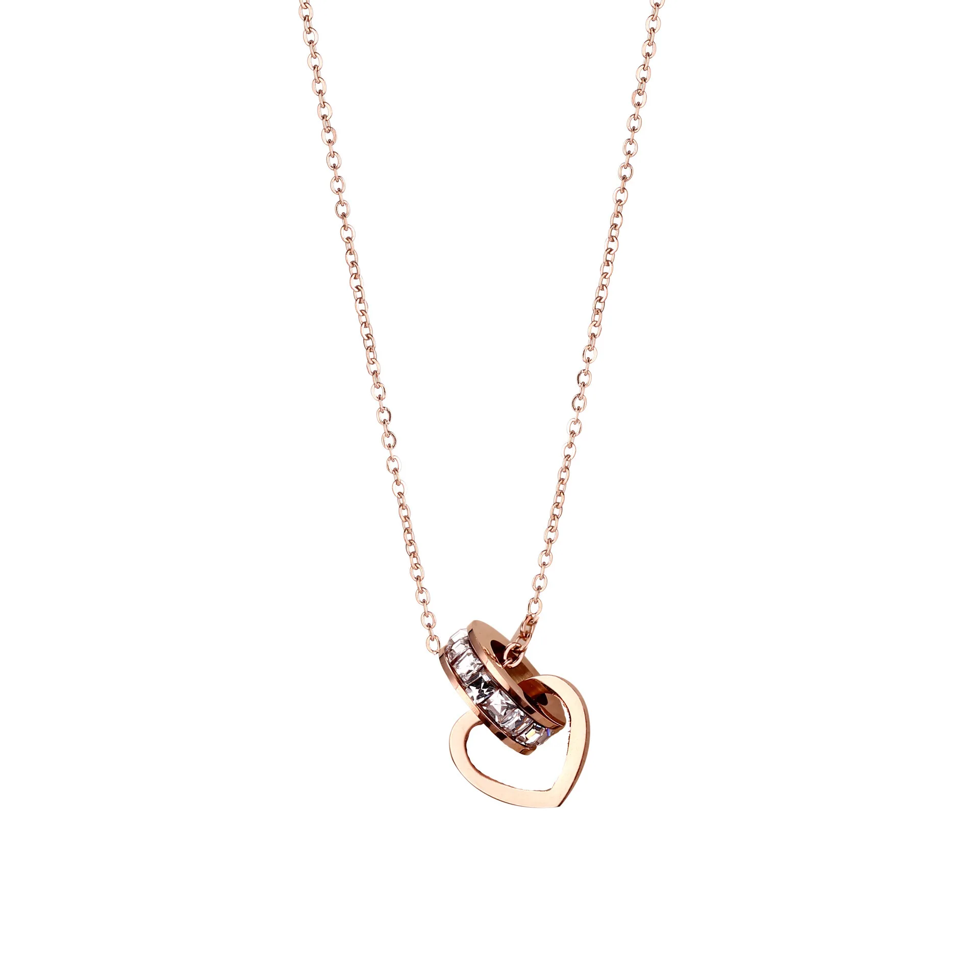 2023 New Fashion Circle Zirconia CZ Heart Buckle Pendant Necklace Woman Stainless Steel Jewelry Gift Rose Gold Color Never Fade