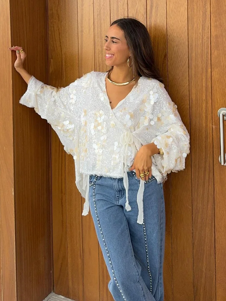 Chic Sparkling Sequin Women's Lace-up Short Cardigan Casual Loose V-neck Long Sleeve Shirt Spring Female Elegant Party Coat 2025