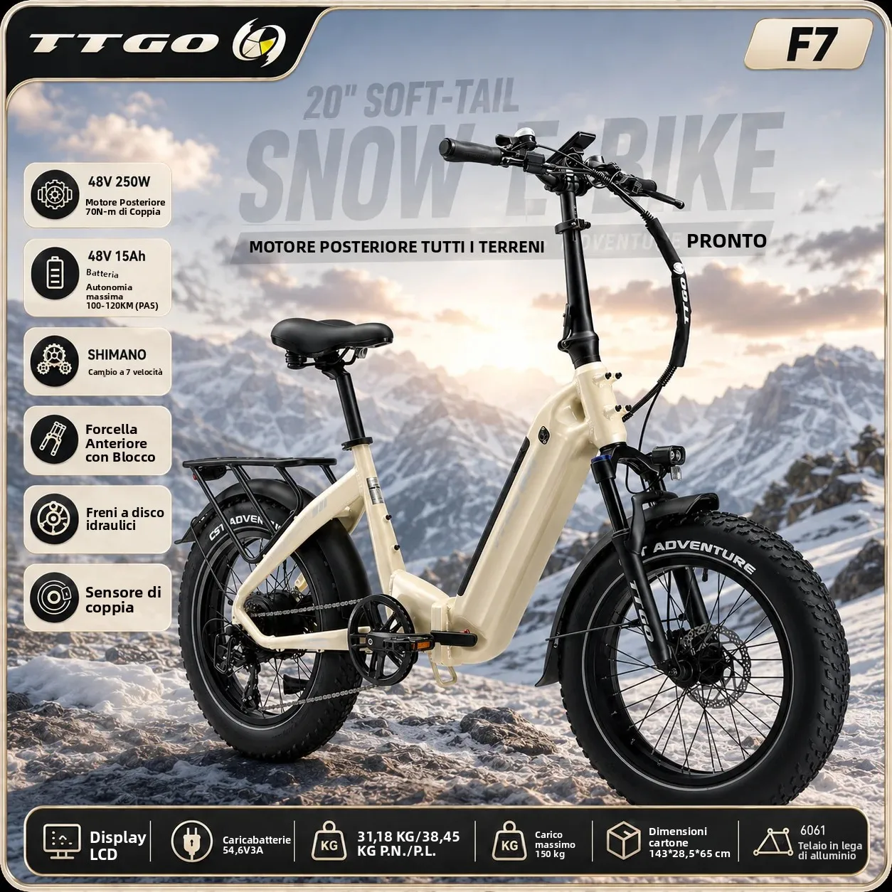 Bicicletta elettrica pieghevole TTGO F7, pneumatici larghi 20*3.0, motore da 250W, sensore di coppia da 70Nm, batteria rimovibile da 48V 15Ah, sospensioni complete, freni a disco idraulici, cambio