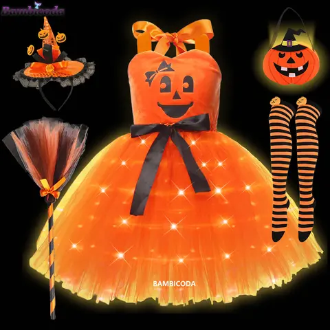 Girls Witch LED Light up Halloween Cosplay Costume Carnival Fancy Girl Vampire Performance Masquerade Pumpkin Party Dress
