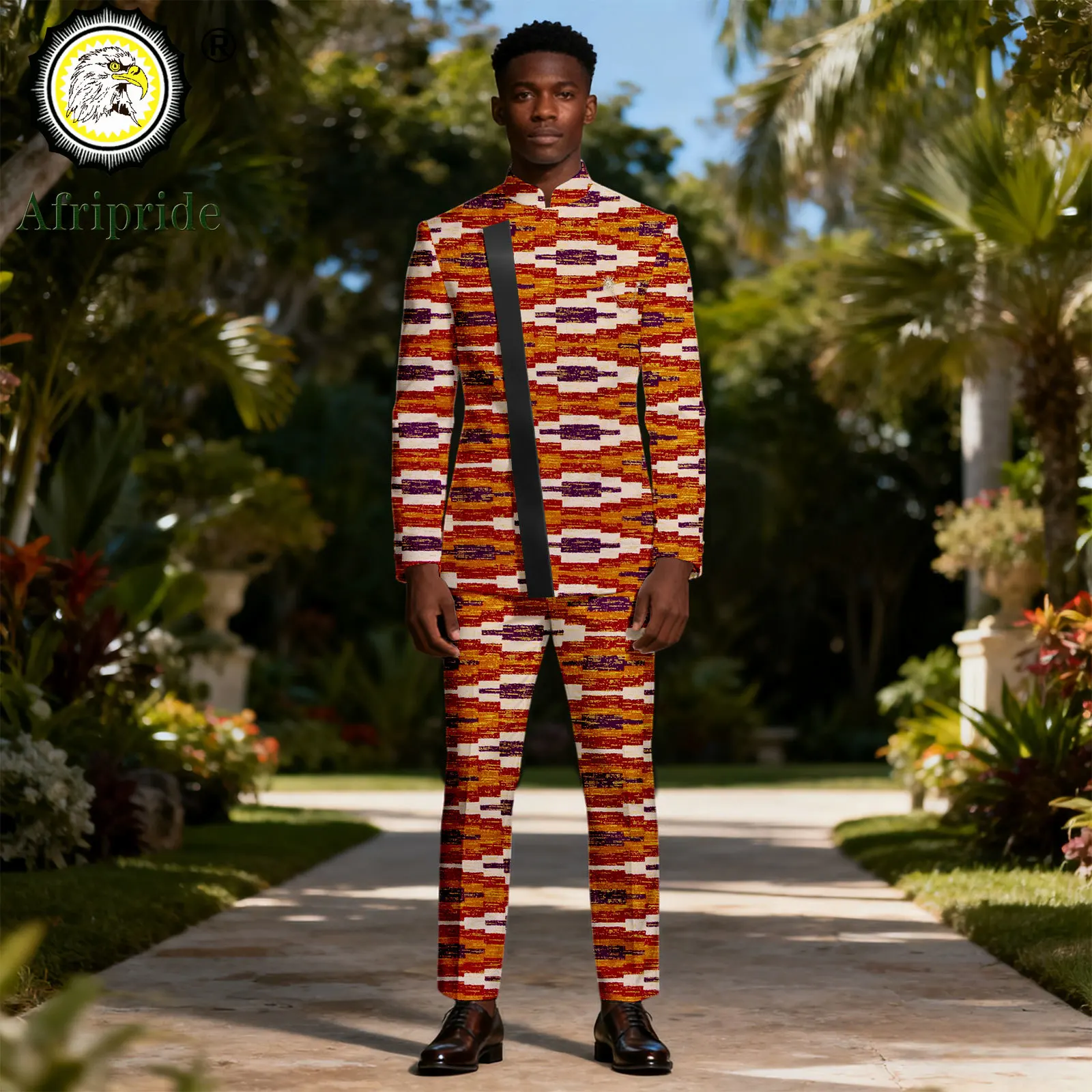 

African Suits for Men Slim Fit Brooch PU Print Blazer and Pants Set Business Suit Formal Outfits Party Wedding Evening 2616011