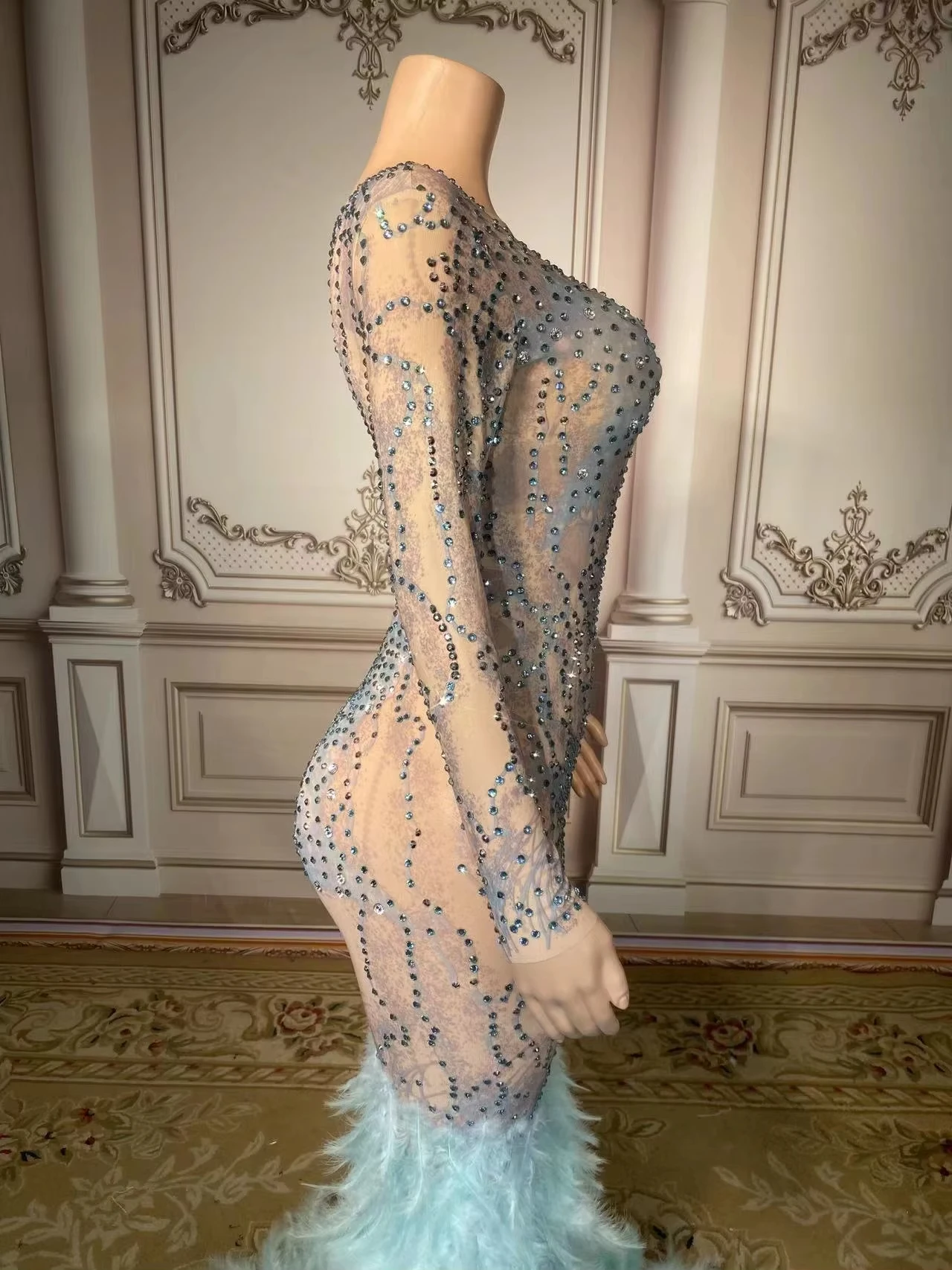 ZD Wunderschönes Mesh-Pailletten-Feder-Glam-Kleid, sexy, transparent, Feiern, Abendkleid, Geburtstag, Strass-Kleid für Frauen