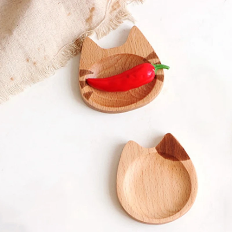 Mini Cat Shape Dish Japanese Style Cartoon Sauce Dish Creative Wooden Flavoring Sushi Mustard Plate Soy Tray, B