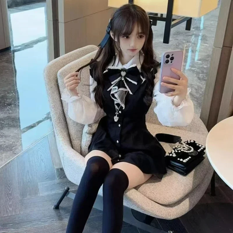 

Preppy Lolita Bow Lace Patchwork Dresses Japanese Harajuku Long Sleeve Kawaii Mini Dress Women 2025 SUMMER NEW