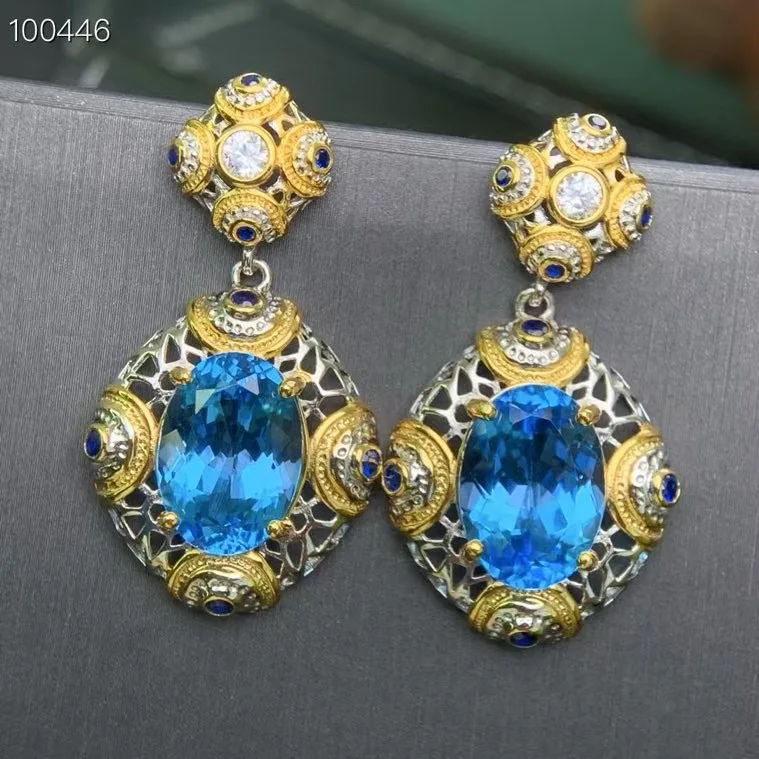 Natural Topaz Earrings, 925 Silver Two-Tone Handmade Blue Gemstone 12x14mm Main Stones, Crystal Jewelry Gift for Women