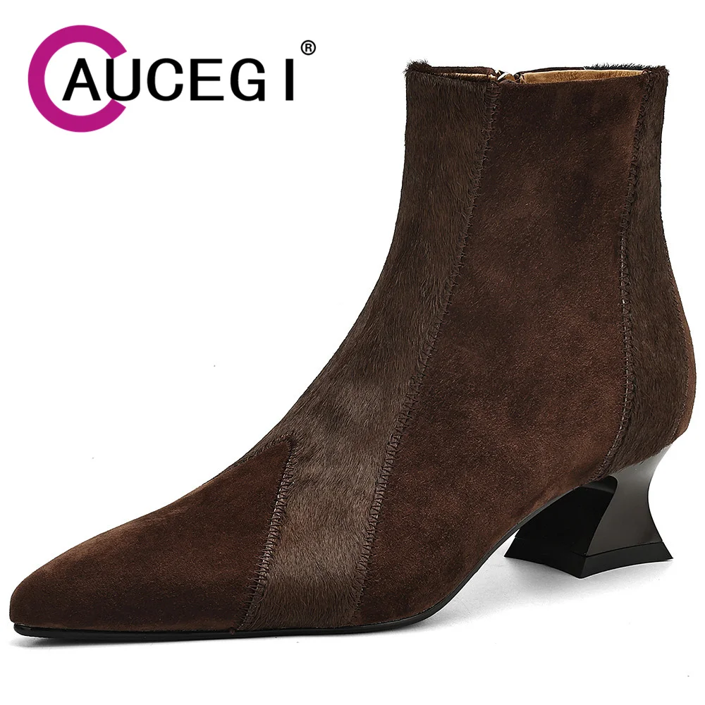 

Aucegi Spring Autumn Fashion Women Sexy Pointed Toe Ankle Boots Kid Suede Spliced Horsehair Kitten-Heels Party Dancing Shoes