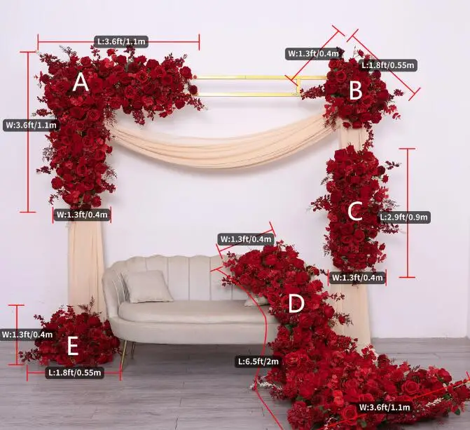 Triangle Dark Red Artificial Flowers Arrangement Wedding Event Decoration High-end Velvet Rose Florals Backdrop DIY Decor FL2227