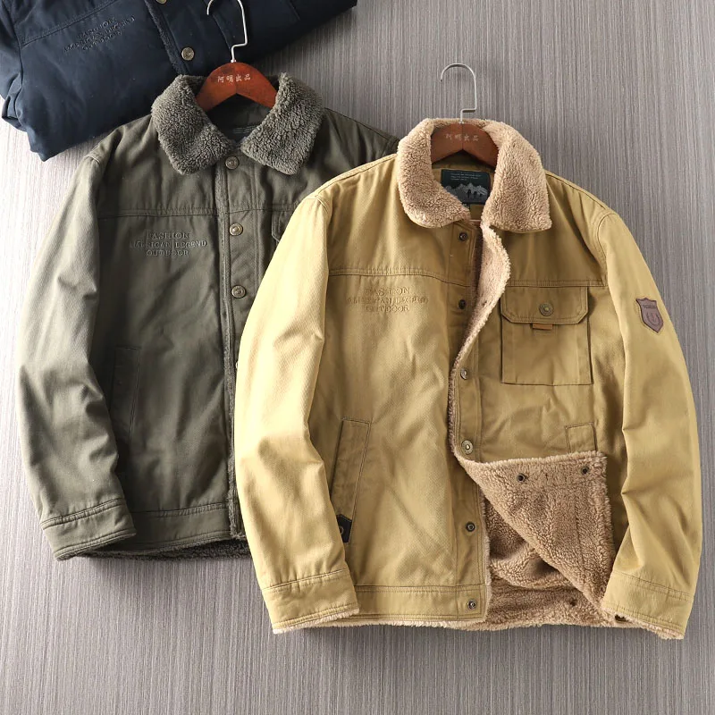 

Ретро-куртка в американском стиле из хлопка с подкладкой из овечьего вельвета для мужчин и молодежи, зимняя рабочая одежда, хлопковое пальто с карманами