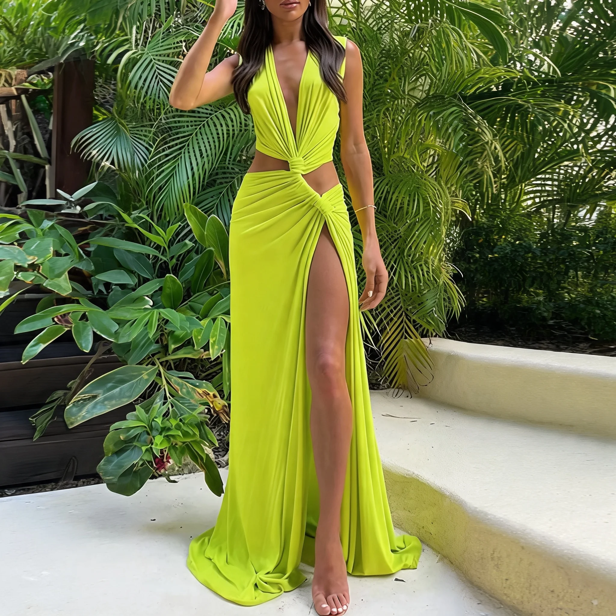 Hollow Out V Neck Dress Low Waist Commuter Chic with Graceful Elegance Wrinkle Finish Sleeveless Long Dress Summer for Women