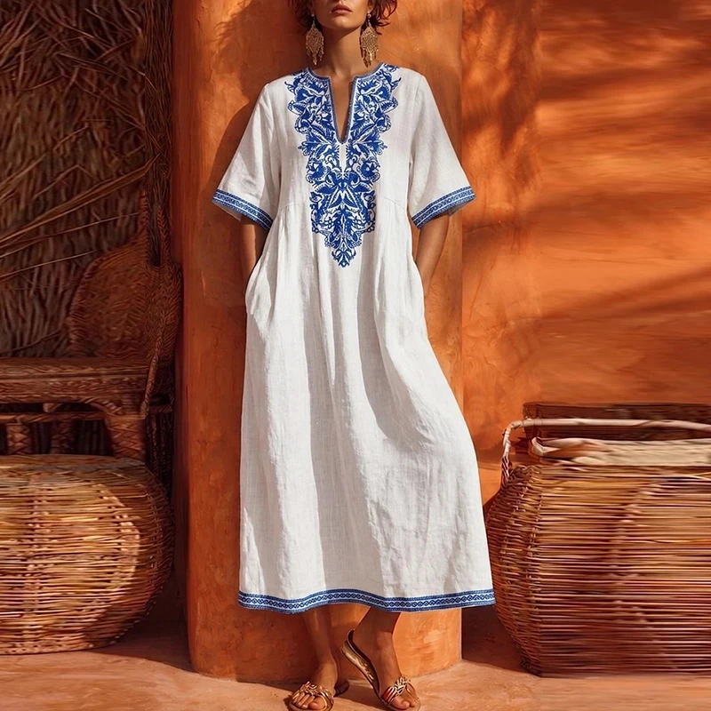 Sommerkleider für Damen, Vintage-Druck, lockeres, geblümtes Party-Midikleid, Damenkleid mit tiefem V-Ausschnitt, Boho-Kleid