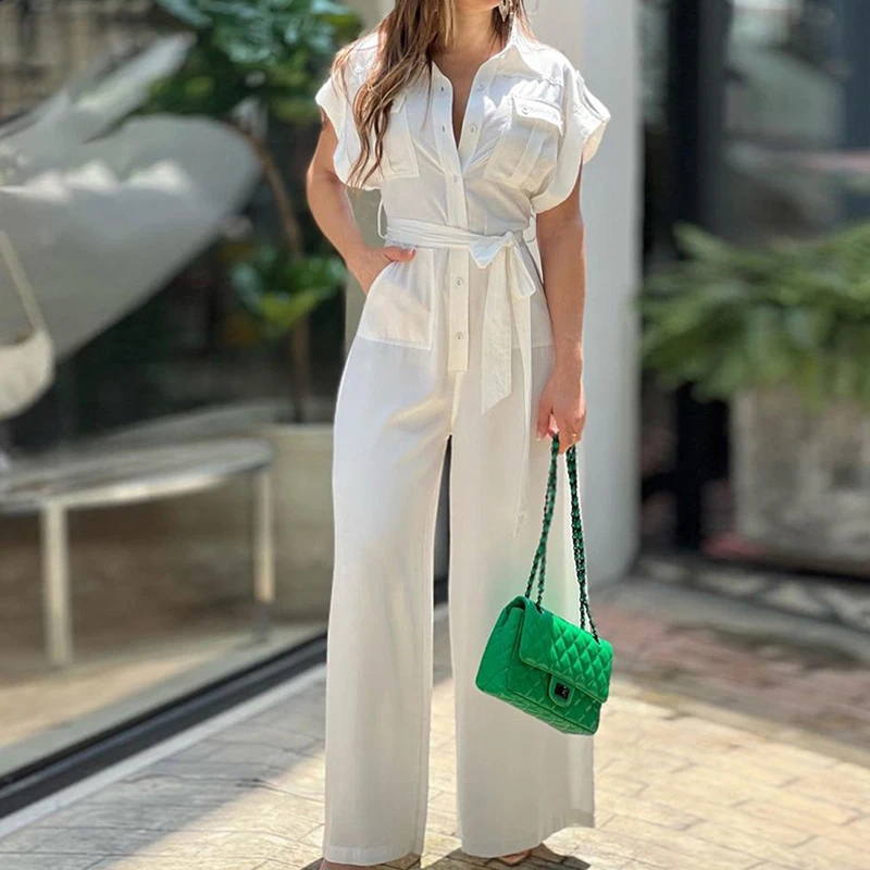 Women Fashion Pocket Design  Belt Lace-up Long Jumpsuits Office Fashion Solid Playsuit Elegant Lapel Button-up Women's Jumpsuit