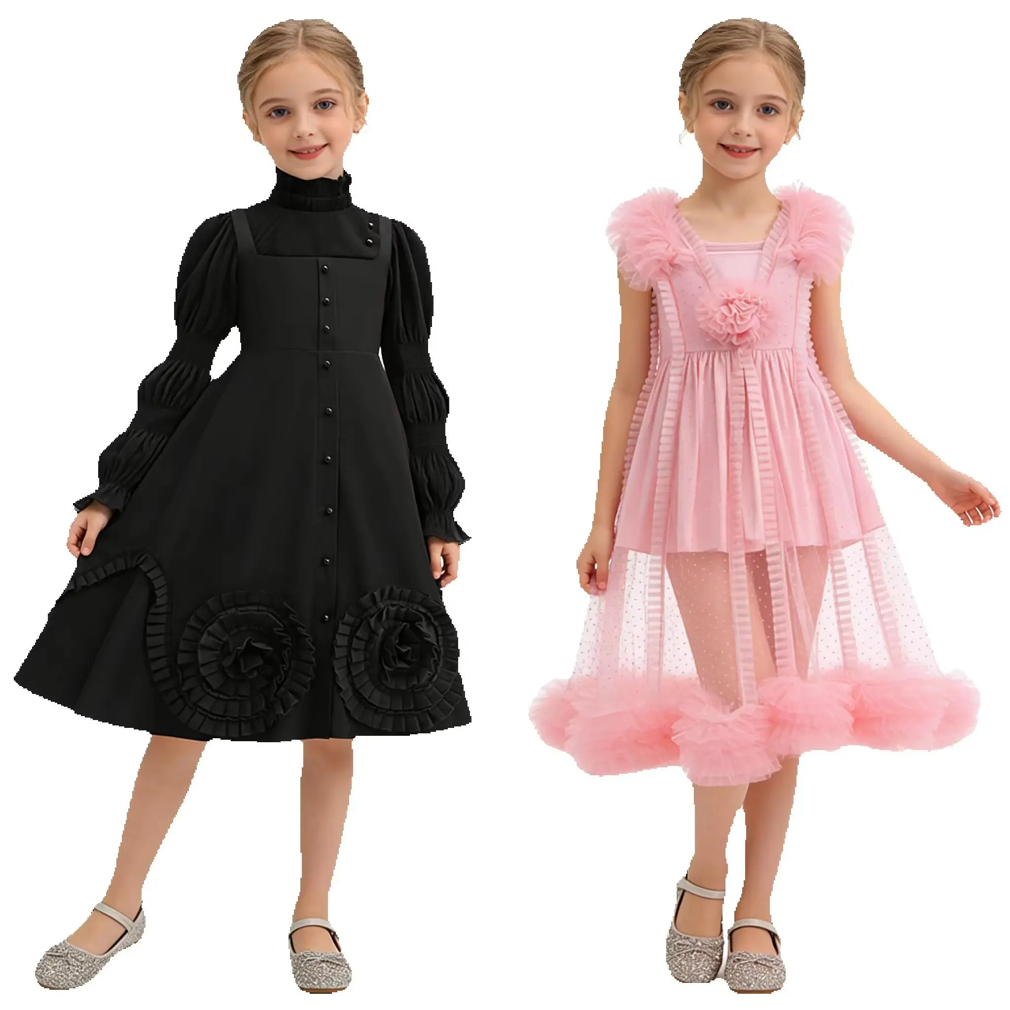 Schwarzes langes Kleid für Kinder im bösen Zauberer-Stil, rosa Hexen-Prinzessinnenkleid für Mädchen, Gothic-Karnevals-Geburtstagsparty-Outfits, Halloween-Kostüm