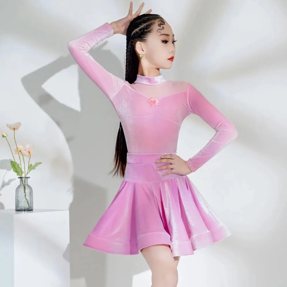 

New children's Latin dance dress girls professional training dressperformance dress Latin skirt long sleeve girls practice dress
