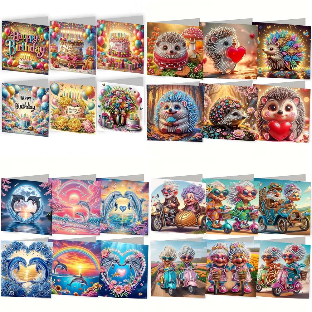 6-Piece/Set DIY Diamond Painting Birthday Card Set, Featuring Unique Flower, Bird, and Pattern Designs, Rhinestone Diamond Paint