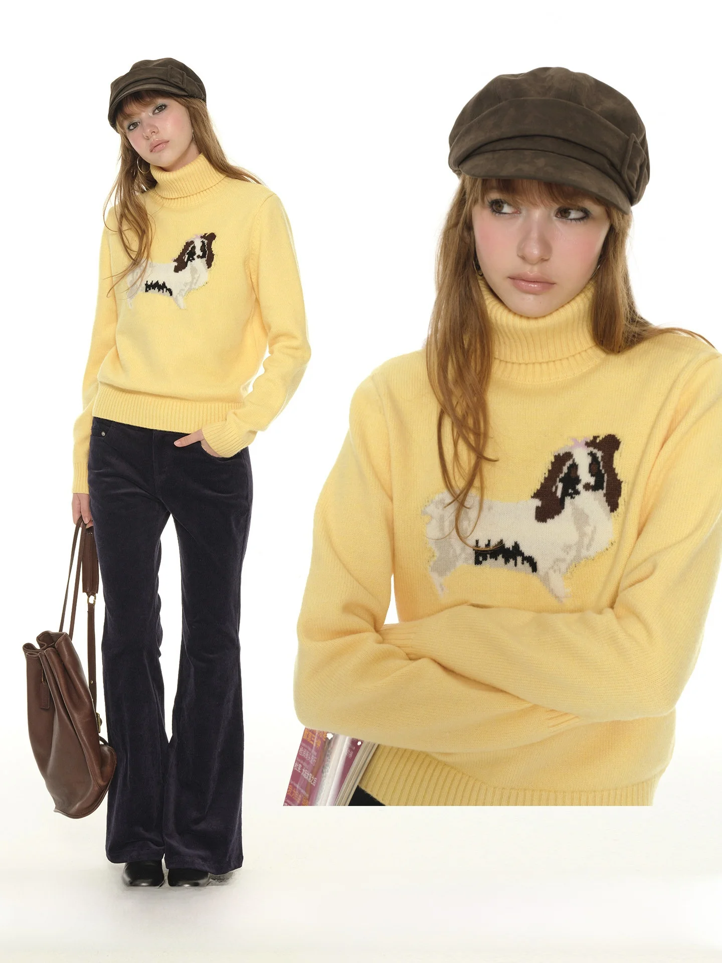 

Женский свитер UNRETRO из утолщенной шерстяной смеси с высоким воротником, с мультяшным рисунком собаки, теплый зимний топ, желтый, свободный крой, длинный рукав, круглый вырез