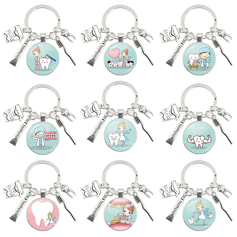 

Милый брелок-медальон с мультяшным рисунком зубов, подвеска-брелок для стоматолога в стеклянном куполе, подарок для стоматолога, брелок для ухода за зубами