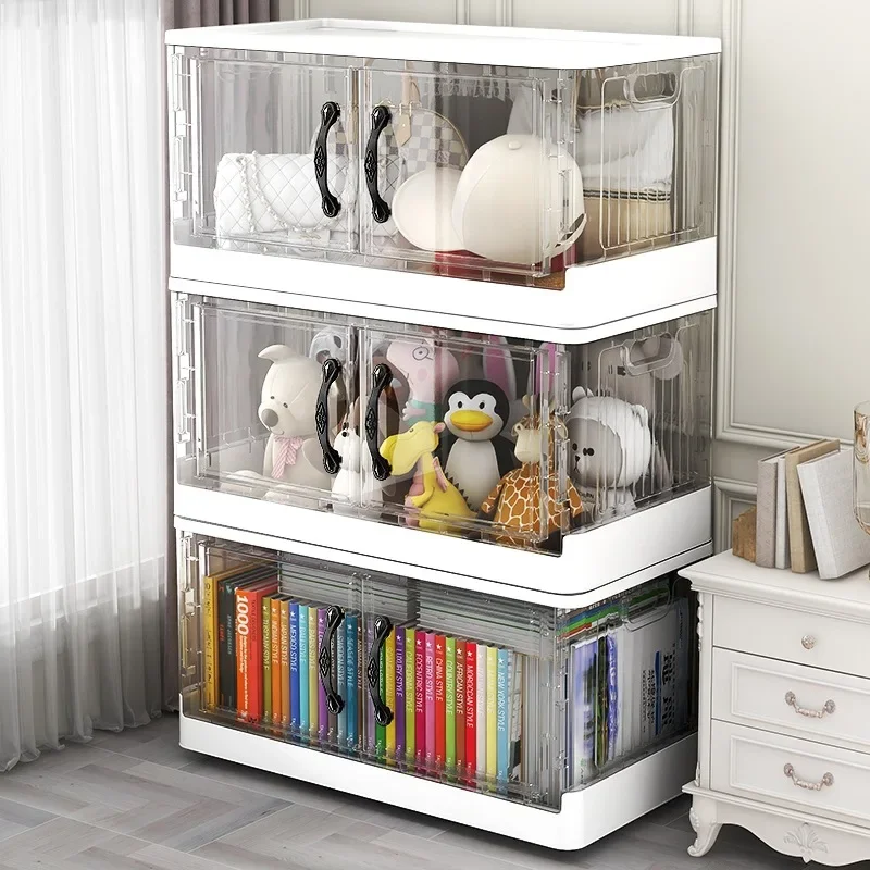 

Double-Door Foldable Storage Cabinet, Multi-Layer Transparent Plastic Organizer for Toys/Snacks/Clothes, Home Storage Box