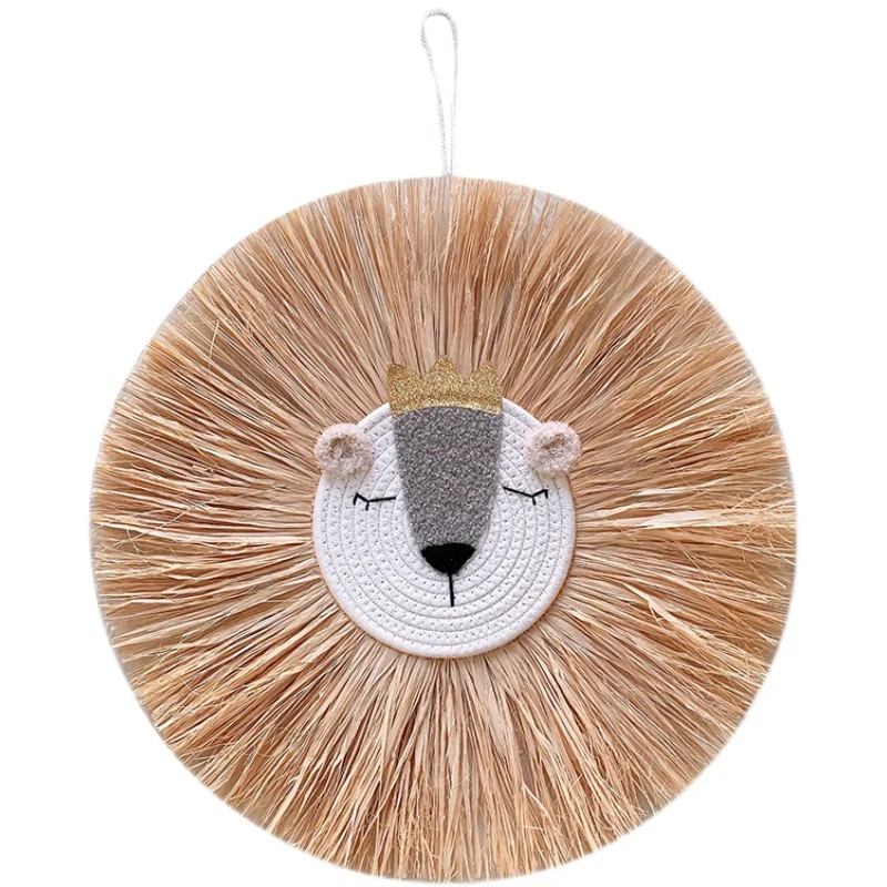 

INS Nordic Handmade Lion Wall Decor Cotton Thread Straw Woven Animal Head Wall Hanging Ornament for Nursery Baby Room Decoration