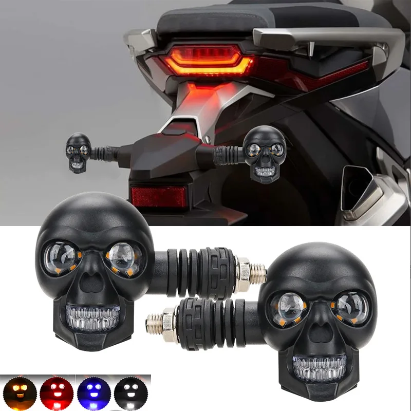2Pcs Skull Dual Color Motorcycle Indicator Light Scooter Front Rear Turn Signal Lights 12V White Yellow Motorbike Running Lamp
