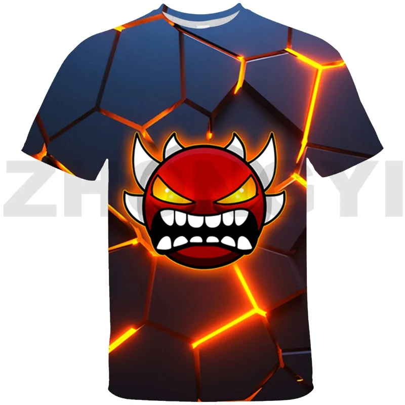 Summer Men Angry Geometry Dash Oversized 3D T-shirt Harajuku Anime Tshirt Kids Boys Short Sleeve Fashion Tees Tops Streetwear