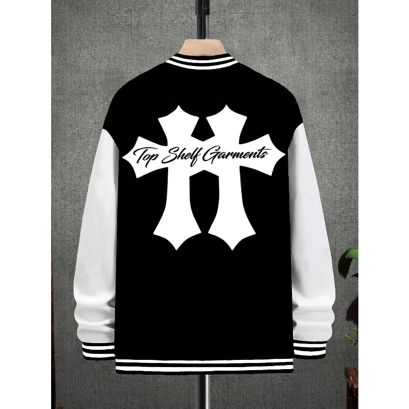 

Men's Letters & Cross Badge Baseball Jacket Lightweight Thermal Casual Baseball Jacket Hip Hop Rock Style Men Jacket