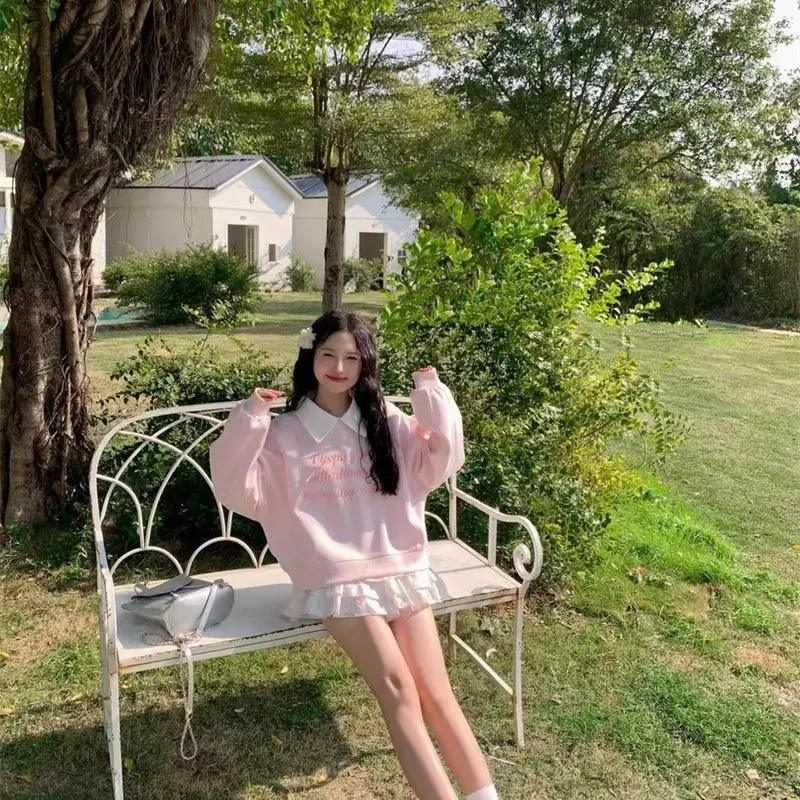 Felpe con colletto polo con orso carino stile preppy Lolita Girls Felpa con cappuccio Kawaii allentata Pullover Coreano Grunge Top Autunno Trendy Casual