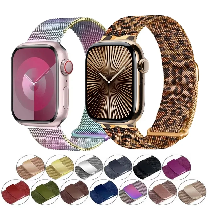 

leopard print strap for apple watch band 44mm 45mm 46mm 41mm 40mm Metal Mesh bracelet iwatch series 10/9/8/7/6/SE/ultra 2 49mm