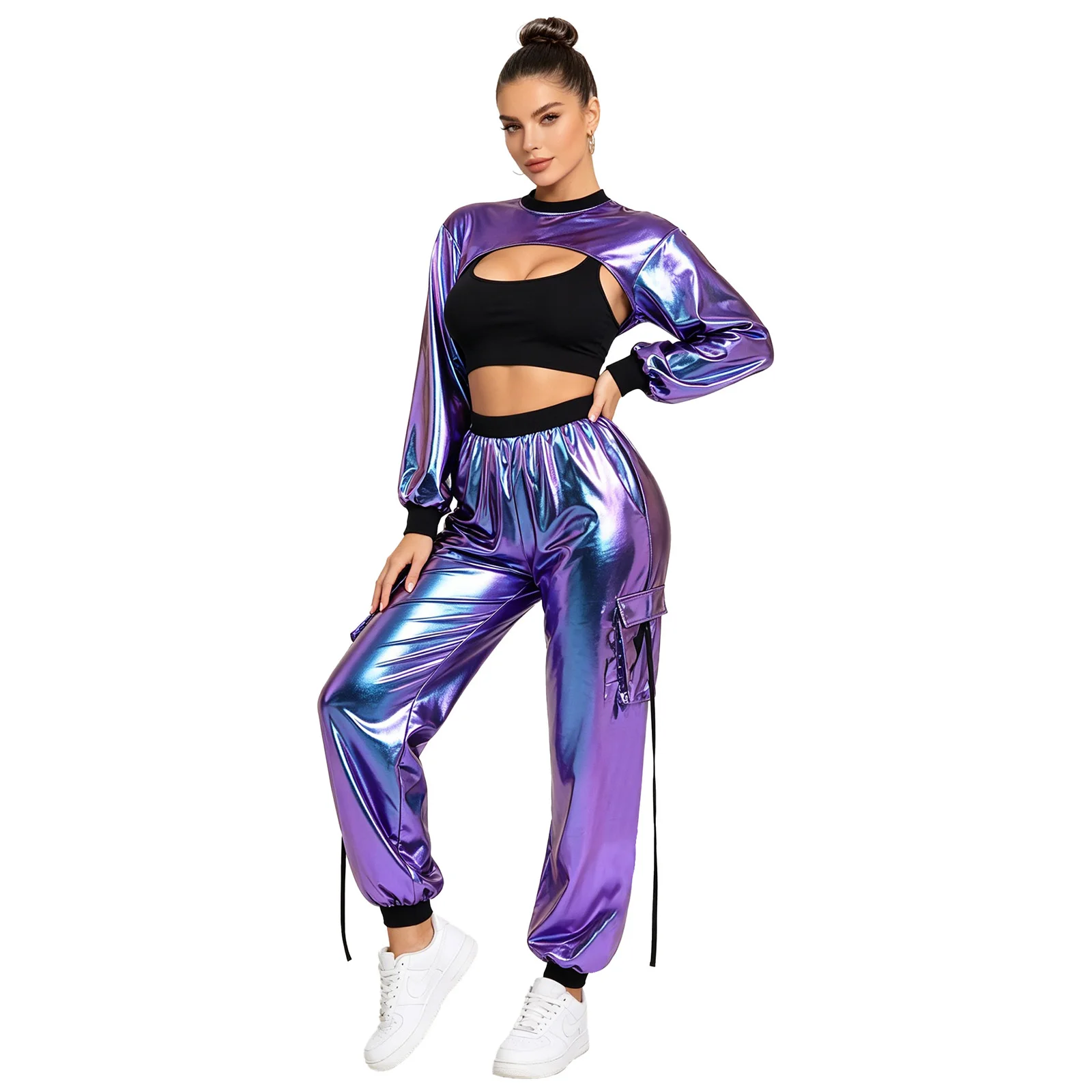Womens Metallic Hip Hop Jazz Dance Outfit Long Sleeve Cutout Crop Top And Cargo Jogging Pants Y2K Disco Rave Clubwear Streetwear