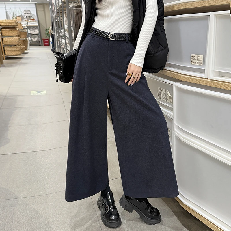 Ele الصوفية تسعة قطع السراويل النسائية الخريف الشتاء جديد Sle الرجعية المال الرياح الإفراط في الركبة التمهيد السراويل ضئيلة واسعة الساق السراويل المتوسطة