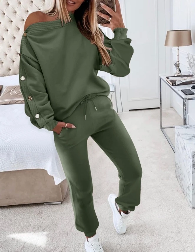 

2024 Hot Selling Fashion Slanted Collar Button Up Long Sleeved Sportswear and High Waisted Flared Pants for Women