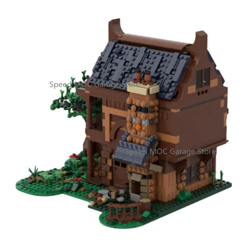Vintage Medieval Carpenter Workshop MOC Brick Set Rustic Wooden Cabin Exquisite Chimney Structure Wild Plant Mini Landscape