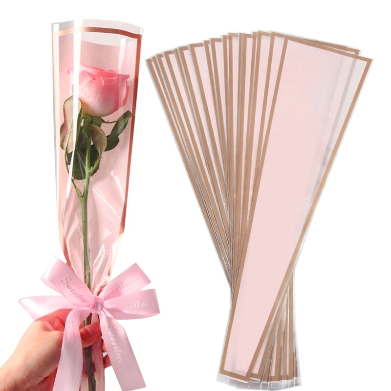 50 pçs único rosa mangas saco de embrulho de flores loja de flores favor claro à prova dwaterproof água buquê saco de embalagem decoração de formatura de casamento